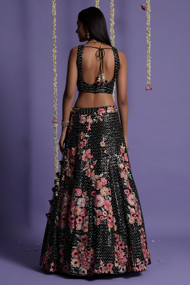 Two Sister's Pink Flower Embroidered Black Lehenga With Sequin Embellished Top - Buy