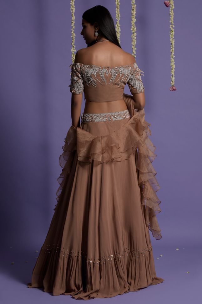 Two Sister's Brown Lehenga With Embroidered Off Shoulder Top - Buy