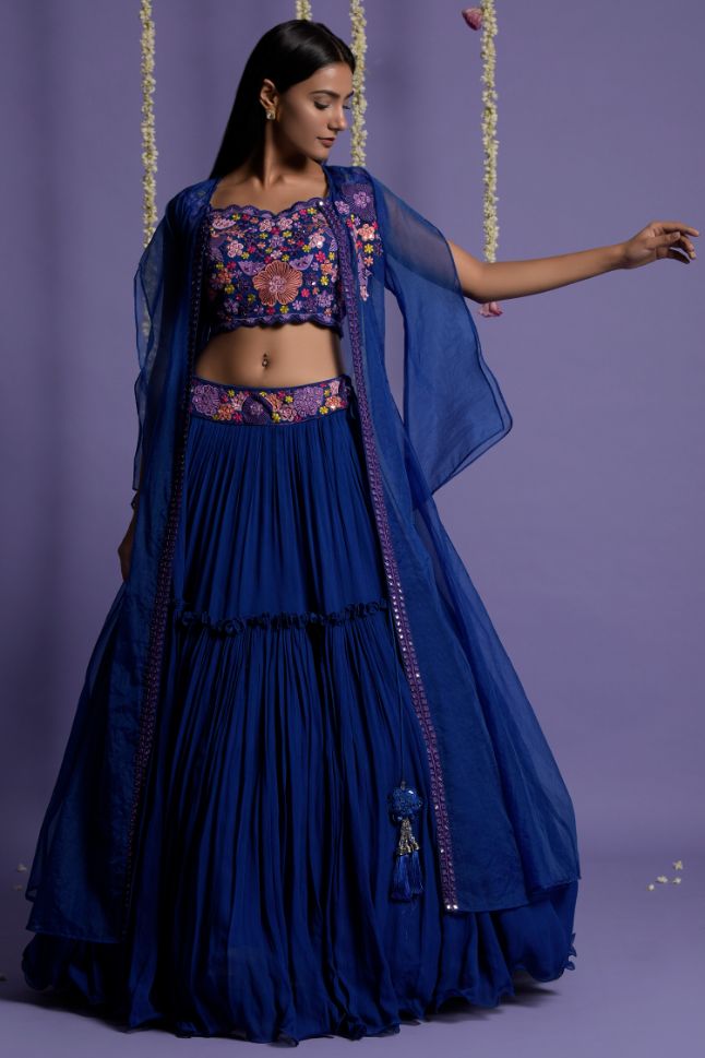 Two Sister's Electric Blue Lehenga With Embroidered Waistband And Crop Top - Buy