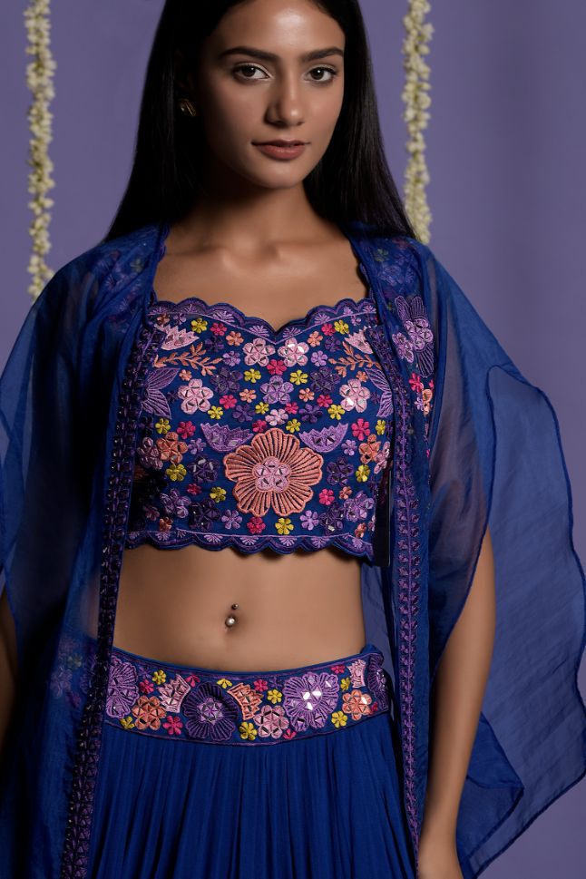 Two Sister's Electric Blue Lehenga With Embroidered Waistband And Crop Top - Buy