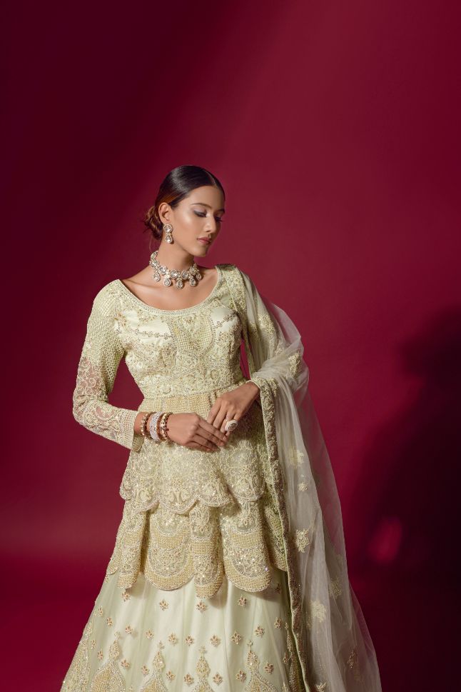 Light Yellow Embroidered Peplum Jacket Lehenga - Rent