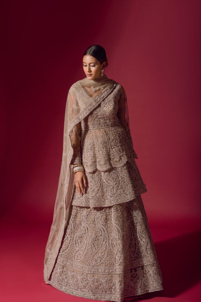 Elegant Beige Peplum Jacket Lehenga Set - Rent