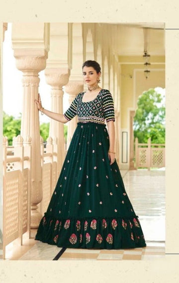 Dark Green Designer Work Flared Anarkali Gowns - Rent