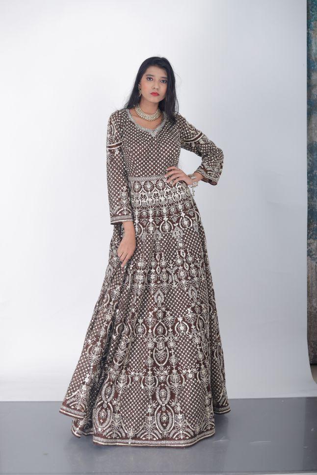 Dark Maroon Net Partwear Gowns - Rent