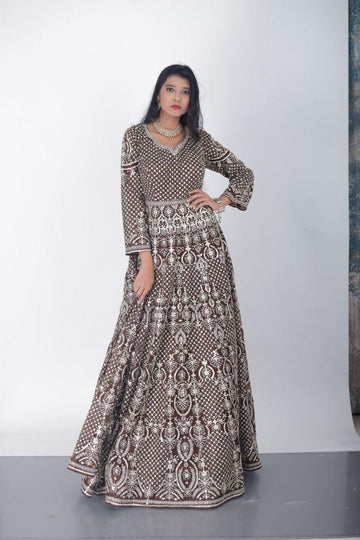 Dark Maroon Net Partwear Gowns - Rent