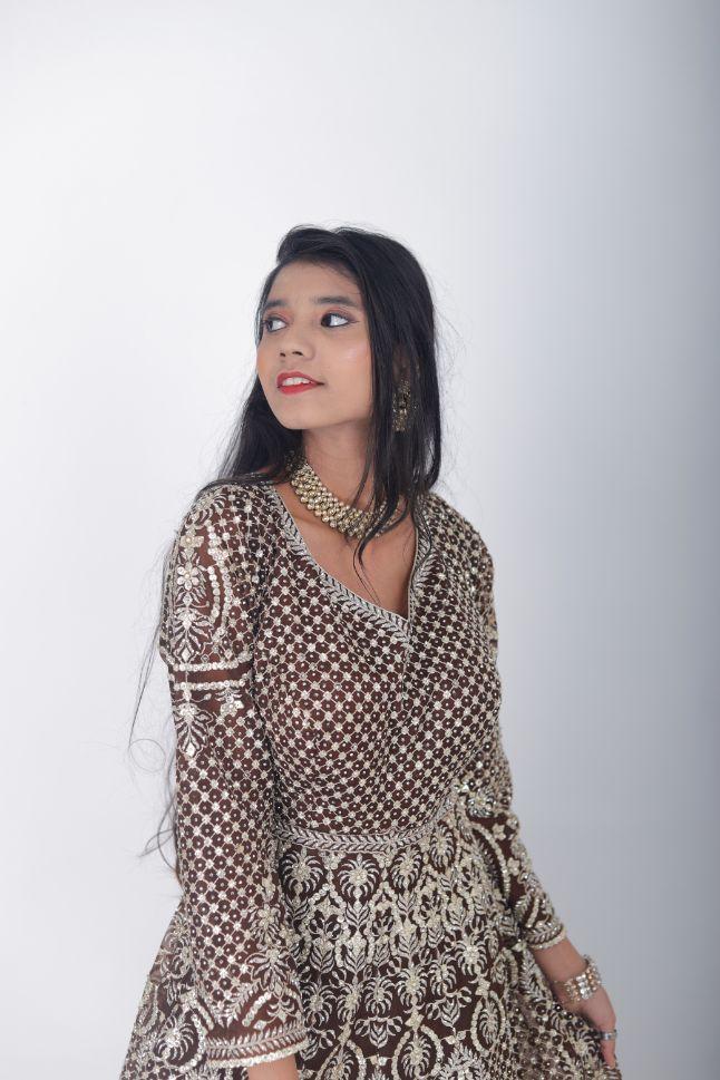 Dark Maroon Net Partwear Gowns - Rent