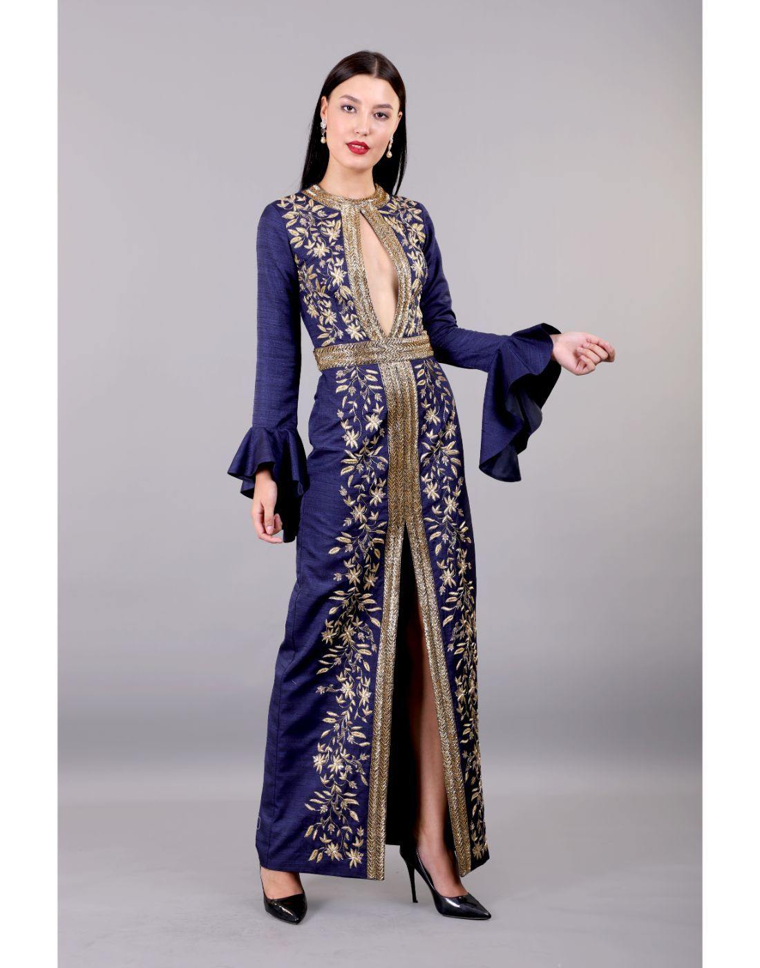 Designer Rashika's Dark Blue Golden Embroidered Clement Gowns Designer Rashika's Dark Blue Golden Embroidered Clement Gowns