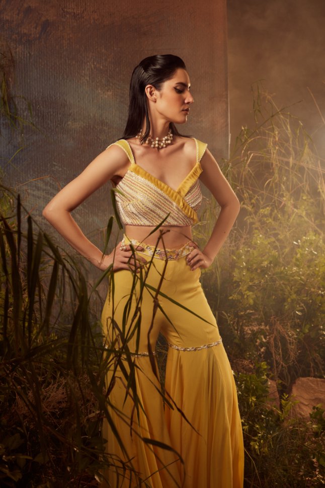 Dheeru Taneja's Yellow Embroidered Bralette with Sharara Set - Rent