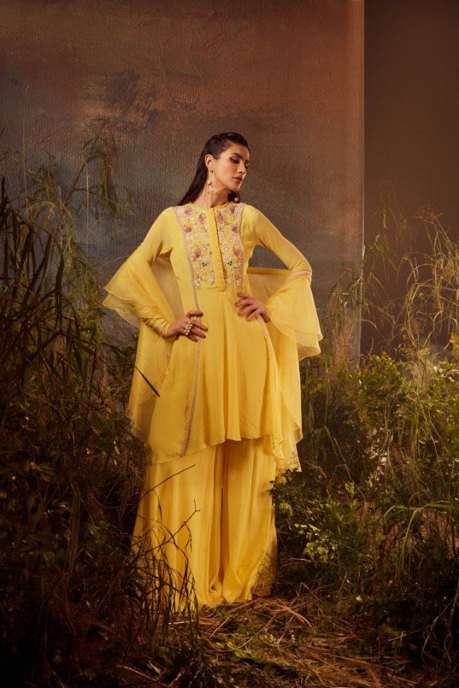 Dheeru Taneja's Yellow Designer Tunic with Sharara - Rent