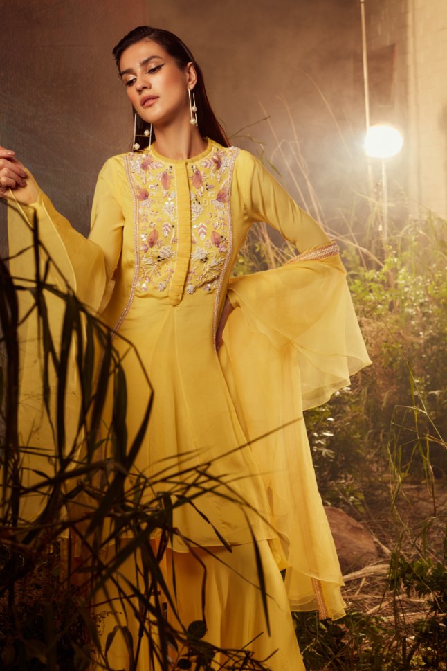 Dheeru Taneja's Yellow Designer Tunic with Sharara - Rent
