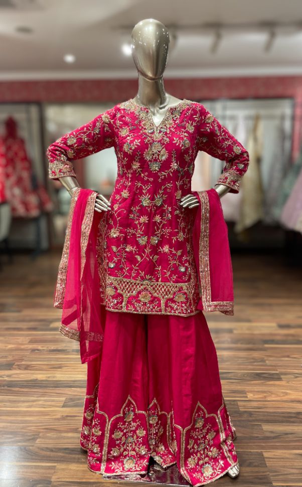 Fuchsia Pink Floral and Sequins Embroidery Sharara Set - Buy