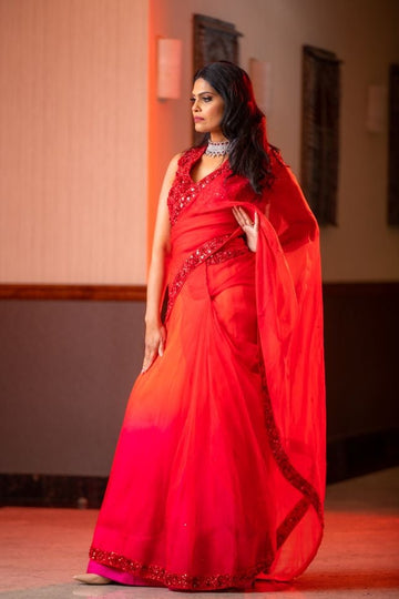 Royal Red Partywear Net Saree - Rent