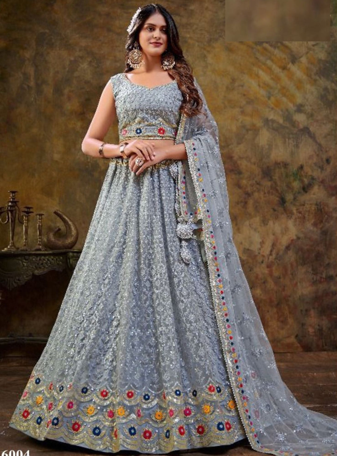 Grey maharani embroidery lehenga set -buy