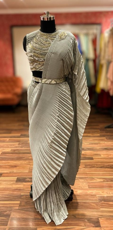 Light Grey Color Sequins Work Ruffle Lycra Saree - Buy