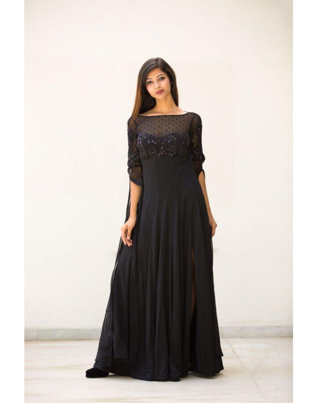 Rent Black Gown With Long Flaired Sleeve Handwork Embroidery On Chest-Women-Glamourental