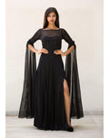 Rent Black Gown With Long Flaired Sleeve Handwork Embroidery On Chest-Women-Glamourental