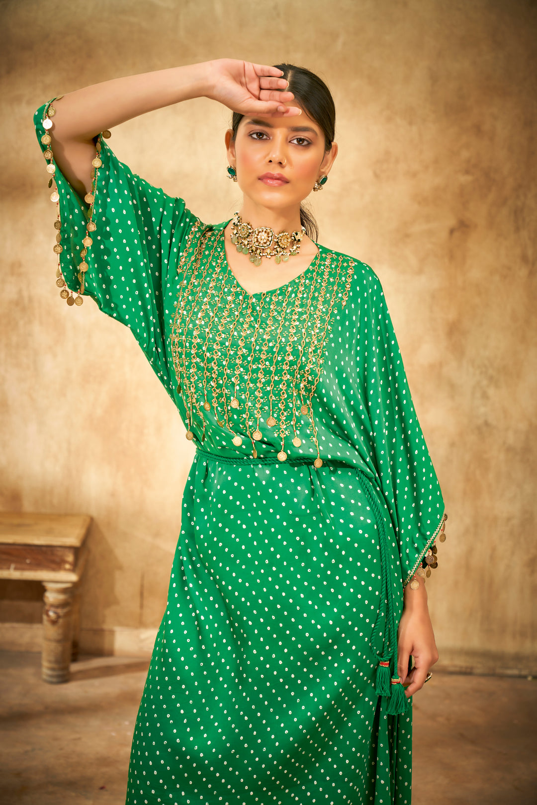 Aditi Somani's Classy Bright Green Bandhej kaftan - Rent
