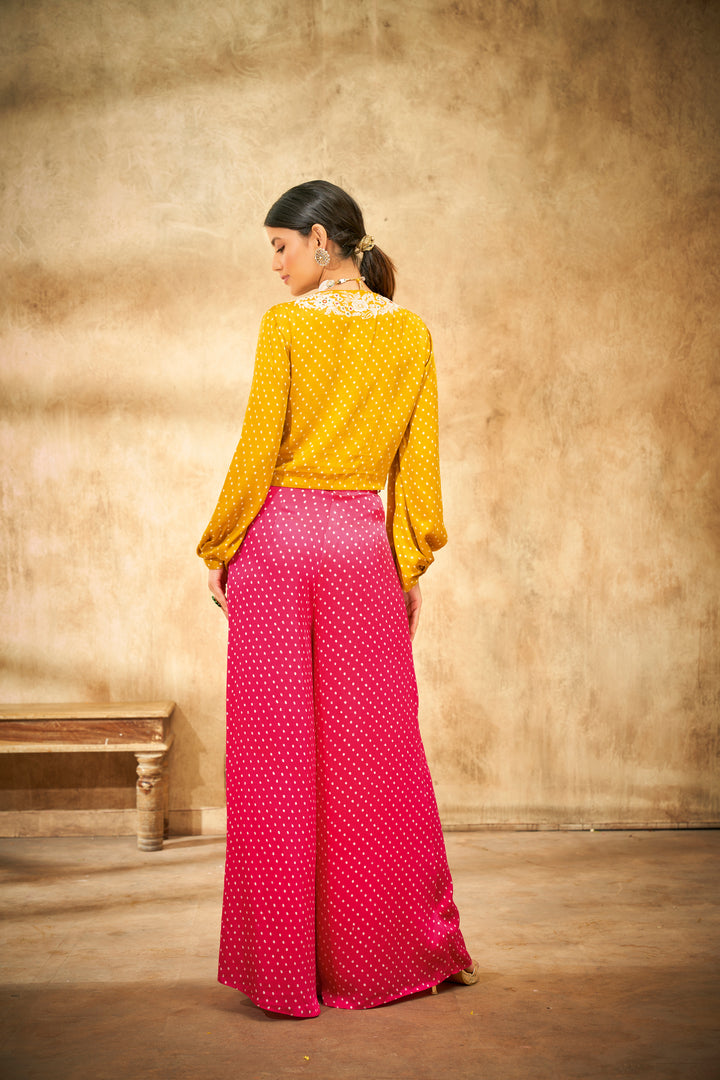 Aditi Somani's Beautiful Mustard bandhej crop top with pants  - Rent
