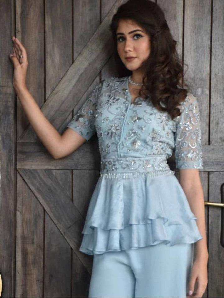 Designer Kanika Kapoor's Ice Blue Color Net Dress with Georgette Bottom - Rent