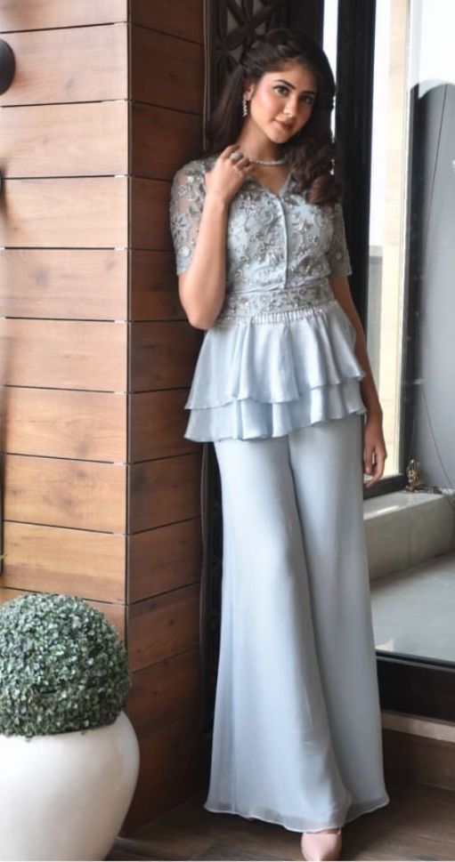 Designer Kanika Kapoor's Ice Blue Color Net Dress with Georgette Bottom - Rent