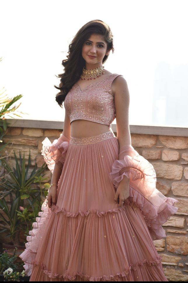 Baby Pink Lehenga and Crop Top With Hand Embroidered and Designer Atta –  AMRUT