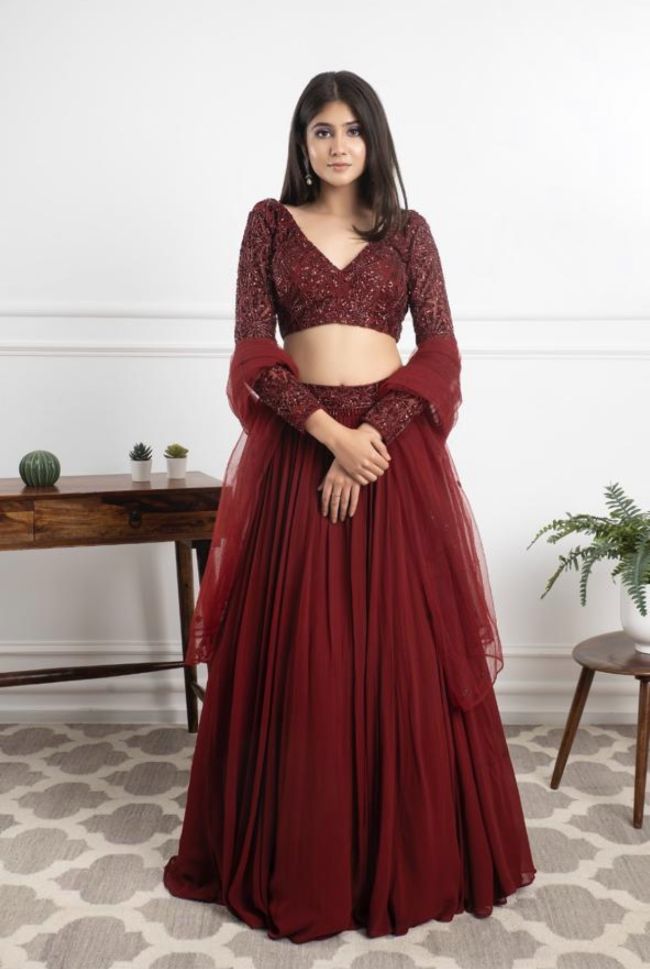 Mehendi Sangeet, Reception, Wedding Red and Maroon color Georgette fabric  Lehenga : 1908607