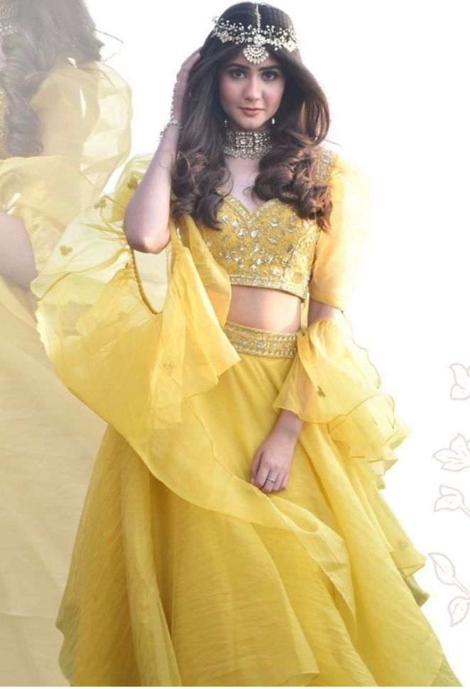 Designer Kanika Kapoor's Beautiful Yellow Color Palette Organza Lehenga - Rent