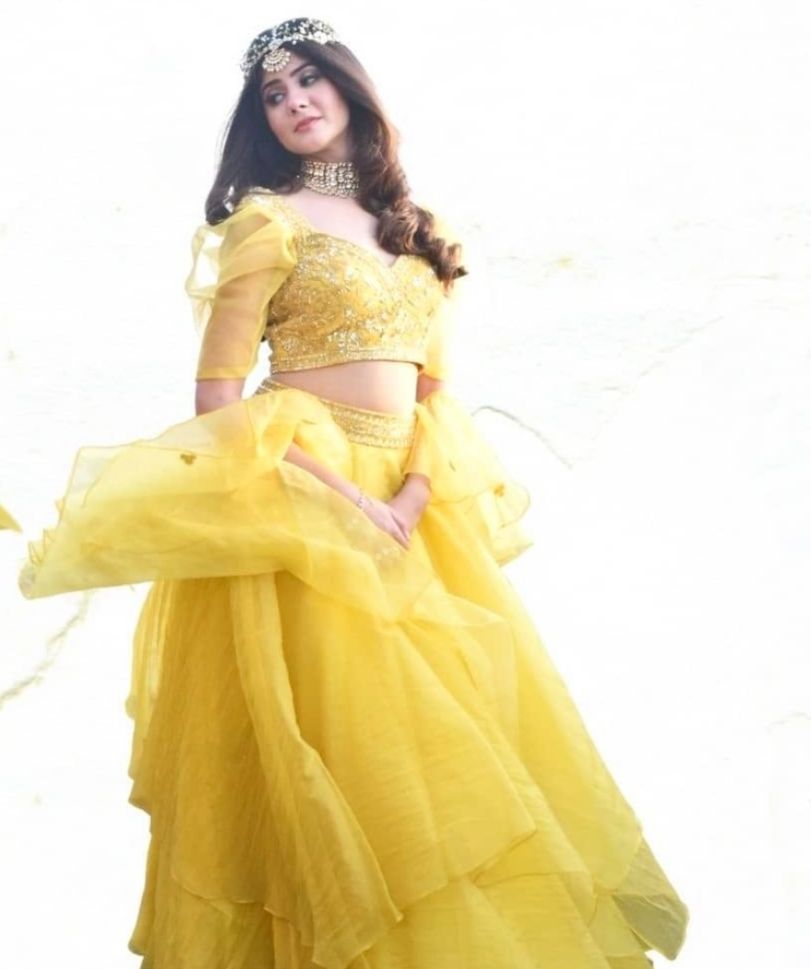 Designer Kanika Kapoor's Beautiful Yellow Color Palette Organza Lehenga - Rent