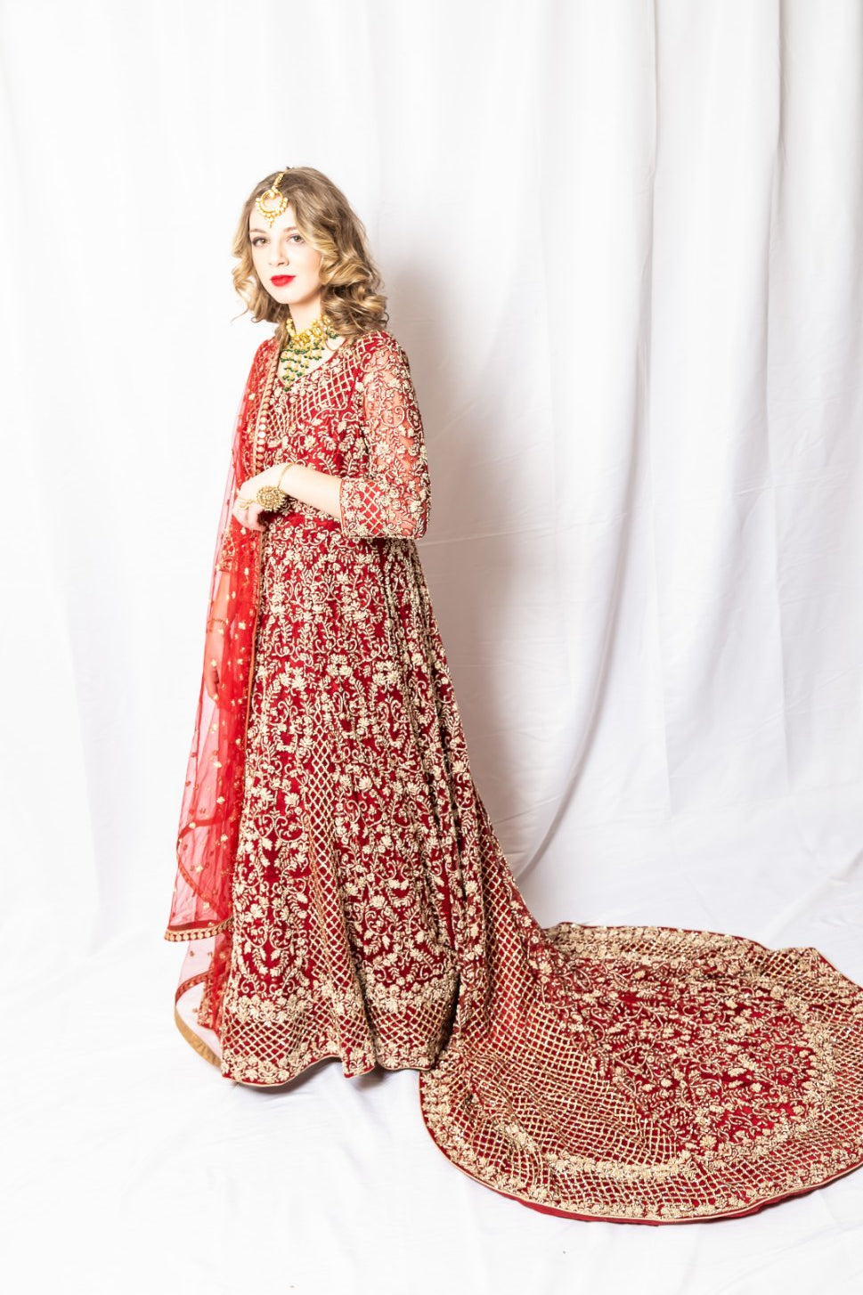 Red Embroidered Heavy Designer Wedding Anarkali - Rent