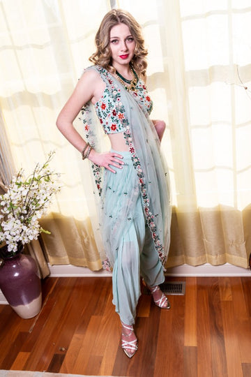 Mint Blue Flower Style Saree - Rent