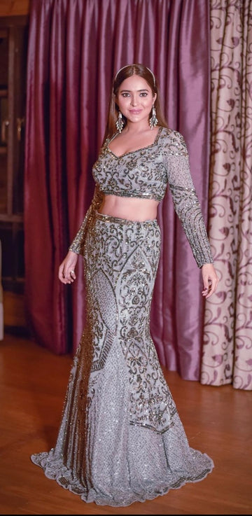 Label Inaayat's Metallic Grey Fish-Cut Lehenga Set  - Rent