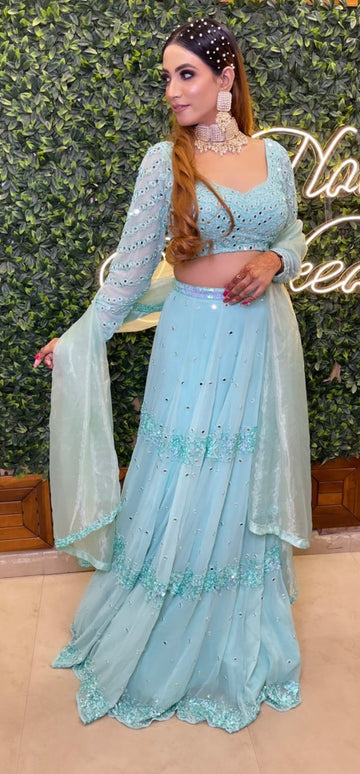 Label Inaayat's Elegant Aqua Green Mirror Lehenga Set  - Rent