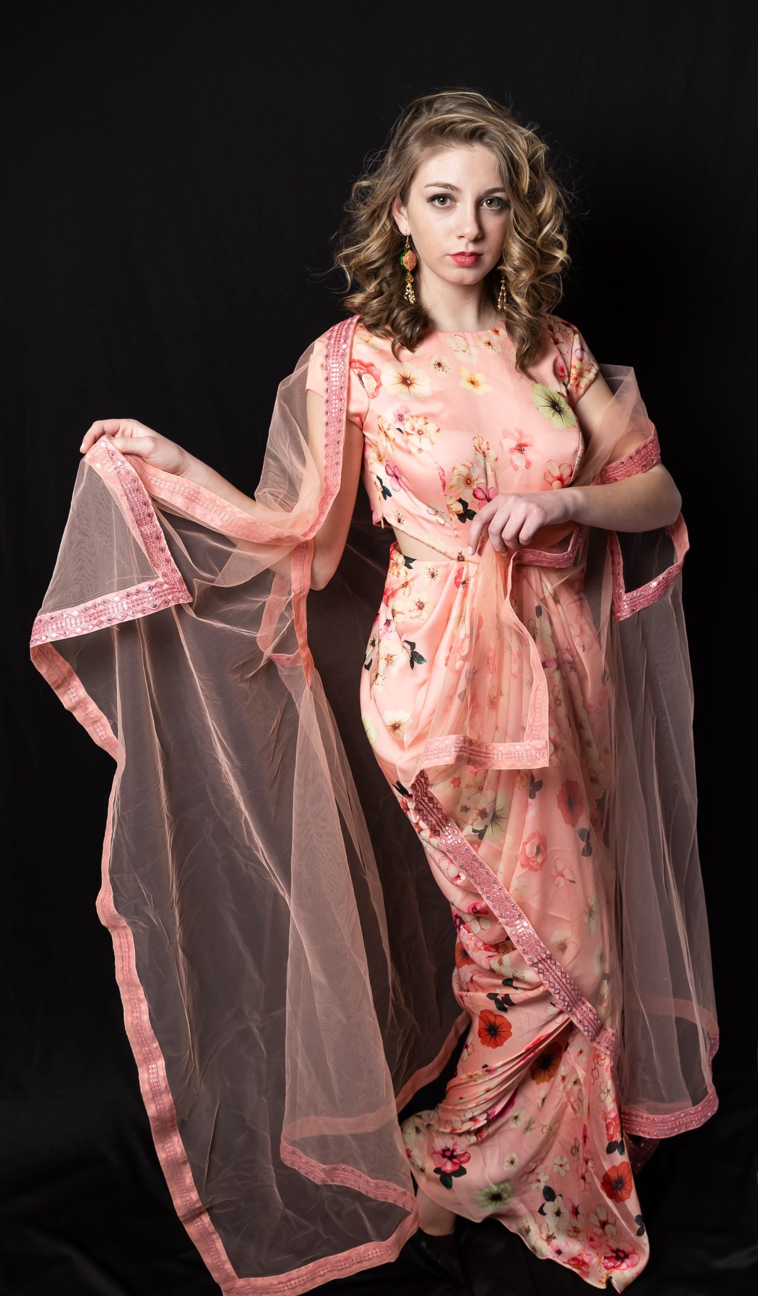 Coral Color Satin Net Drape Jacket dress Coral Color Satin Net Drape Jacket dress