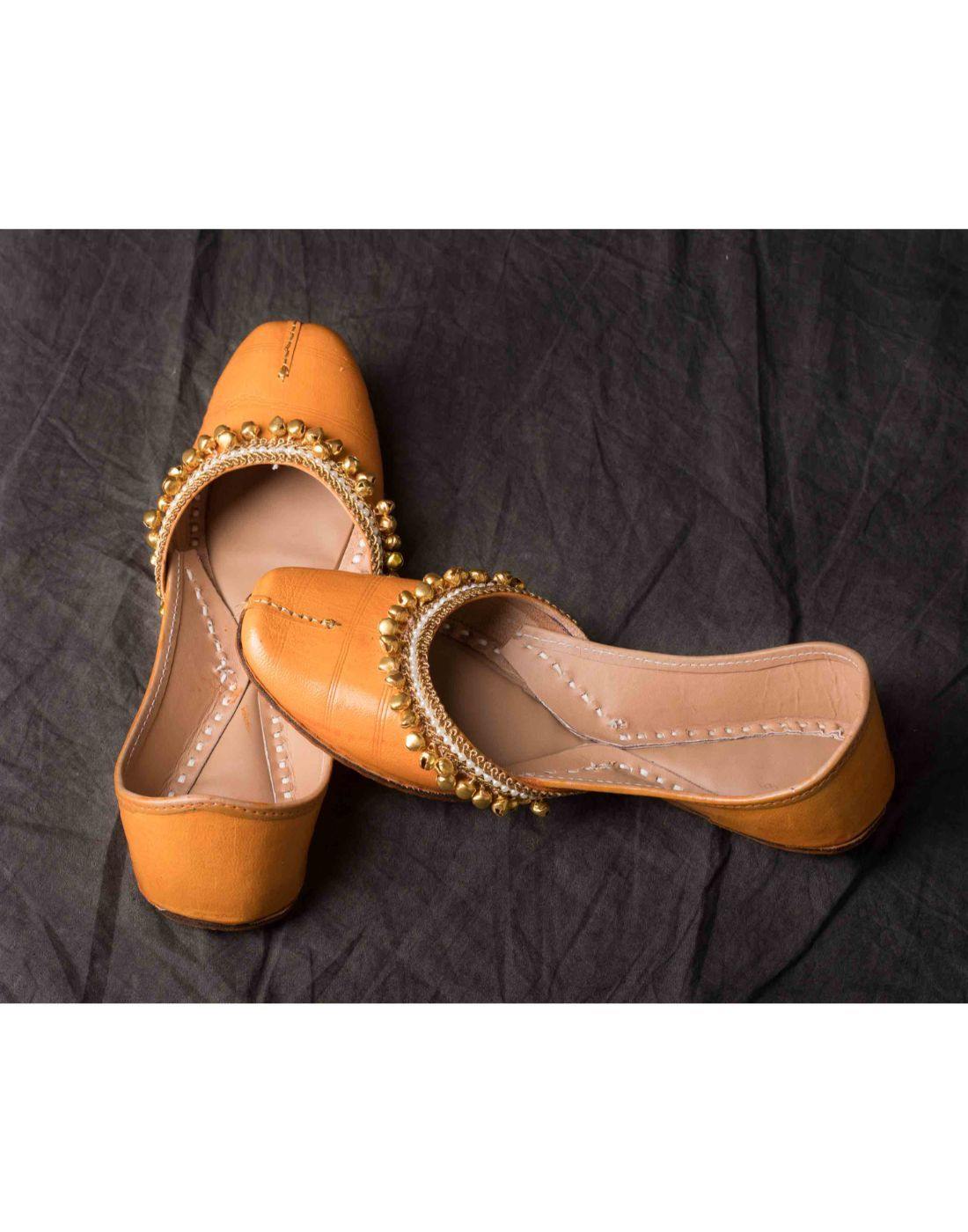 Orange Yellow Leather Jutti With Gholden Ghunghru-Women-Glamourental