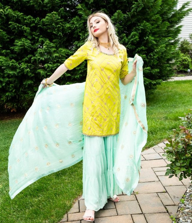 Yellow and Green Embroidery Silk Sharara - Rent