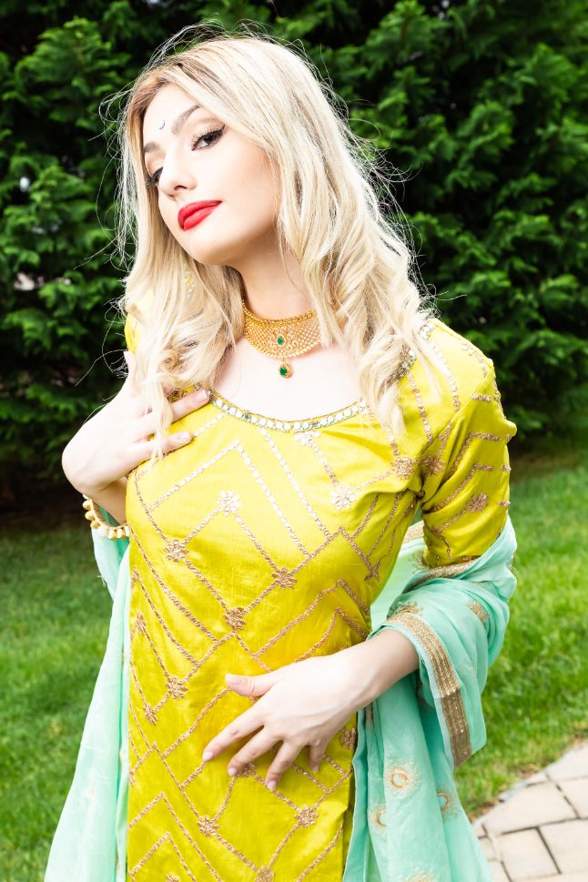 Yellow and Green Embroidery Silk Sharara - Rent