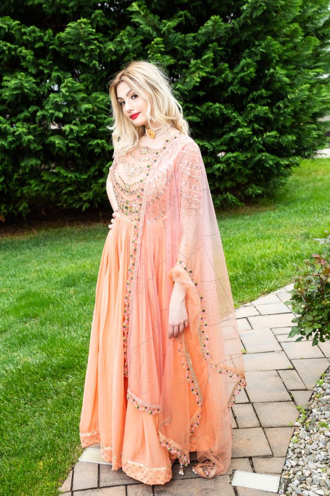Peach Color Mirror Work Embroidery Georgette Anarkali - Rent