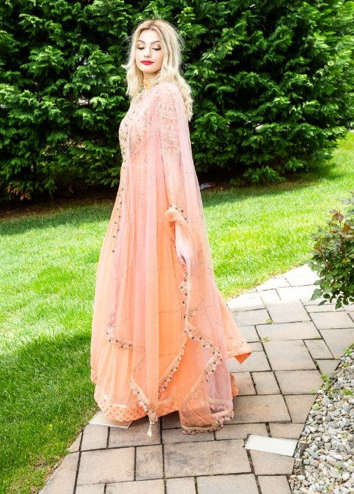 Peach Color Mirror Work Embroidery Georgette Anarkali - Rent