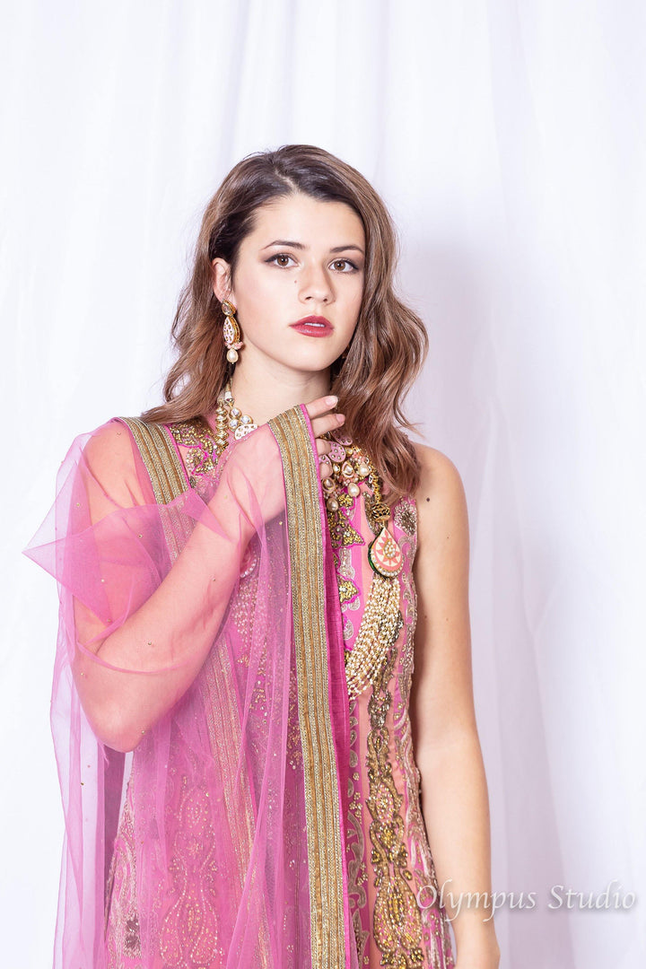 Rent Pakistani Heavy embroidered Kurta with Sharara and Dupatta - Glamourental
