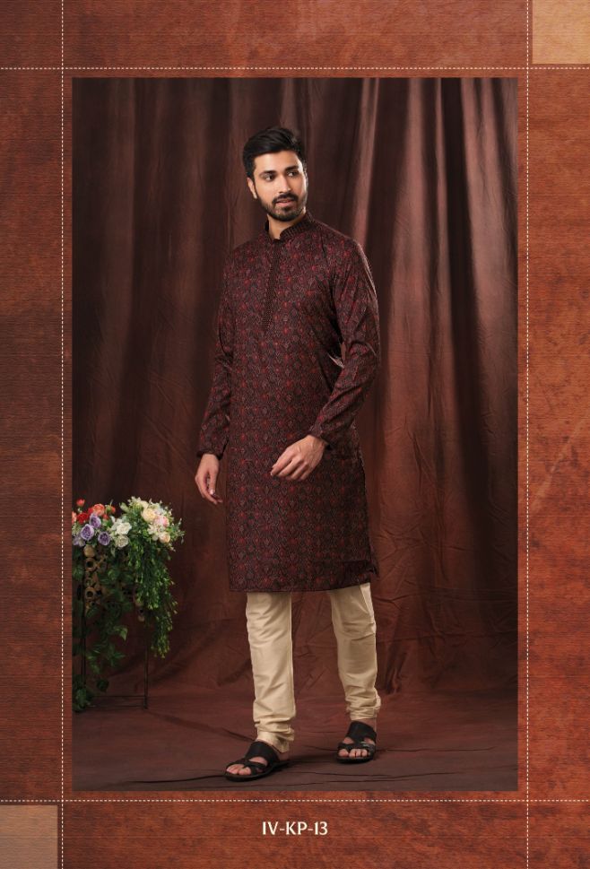 Maroon Color Printed Readymade Kurta with Beige Pajama - Rent