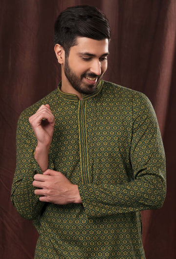 Green Color Printed Readymade Kurta With White Pajama - Rent