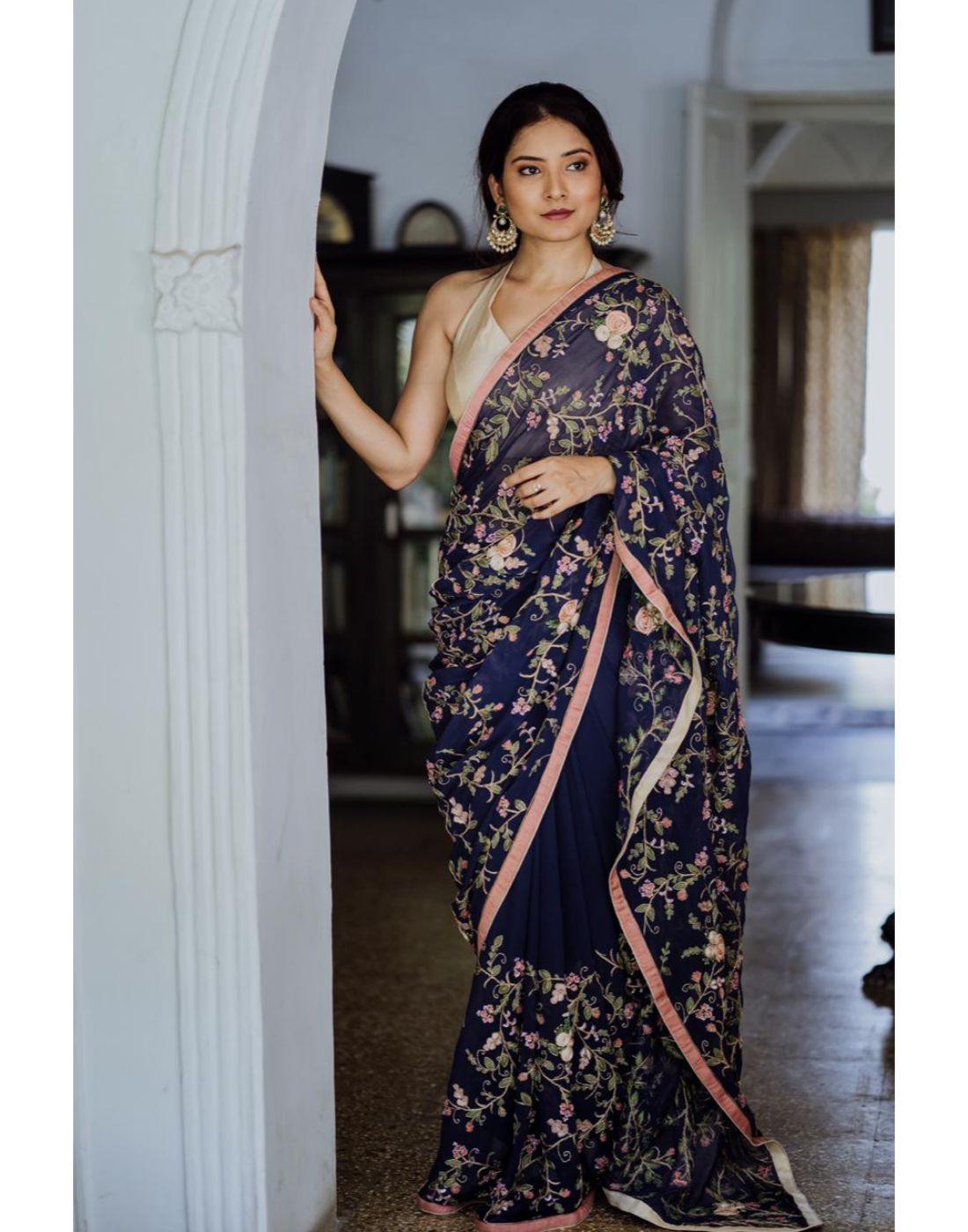 Rent Blue Organza Saree-Women-Glamourental