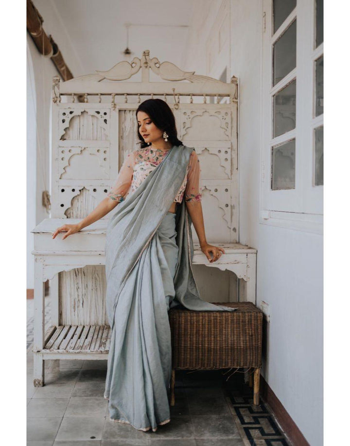 Rent Grey Tissue Chanderi Saree-Women-Glamourental