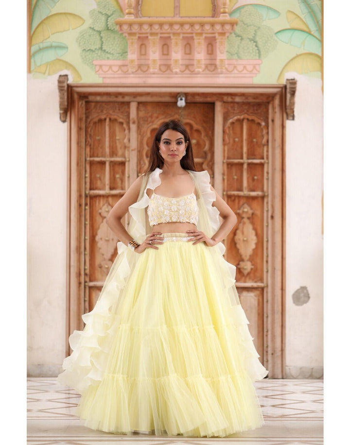Rent Powder Yellow 2 Layered Tulle Skirt And Embroidered Top and With Jacket-Women-Glamourental