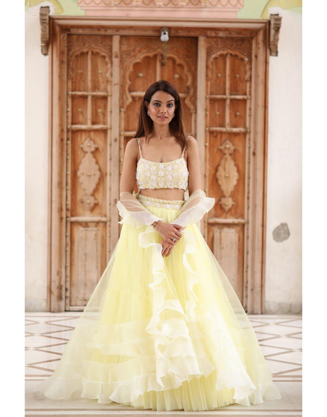 Rent Powder Yellow 2 Layered Tulle Skirt And Embroidered Top and With Jacket-Women-Glamourental