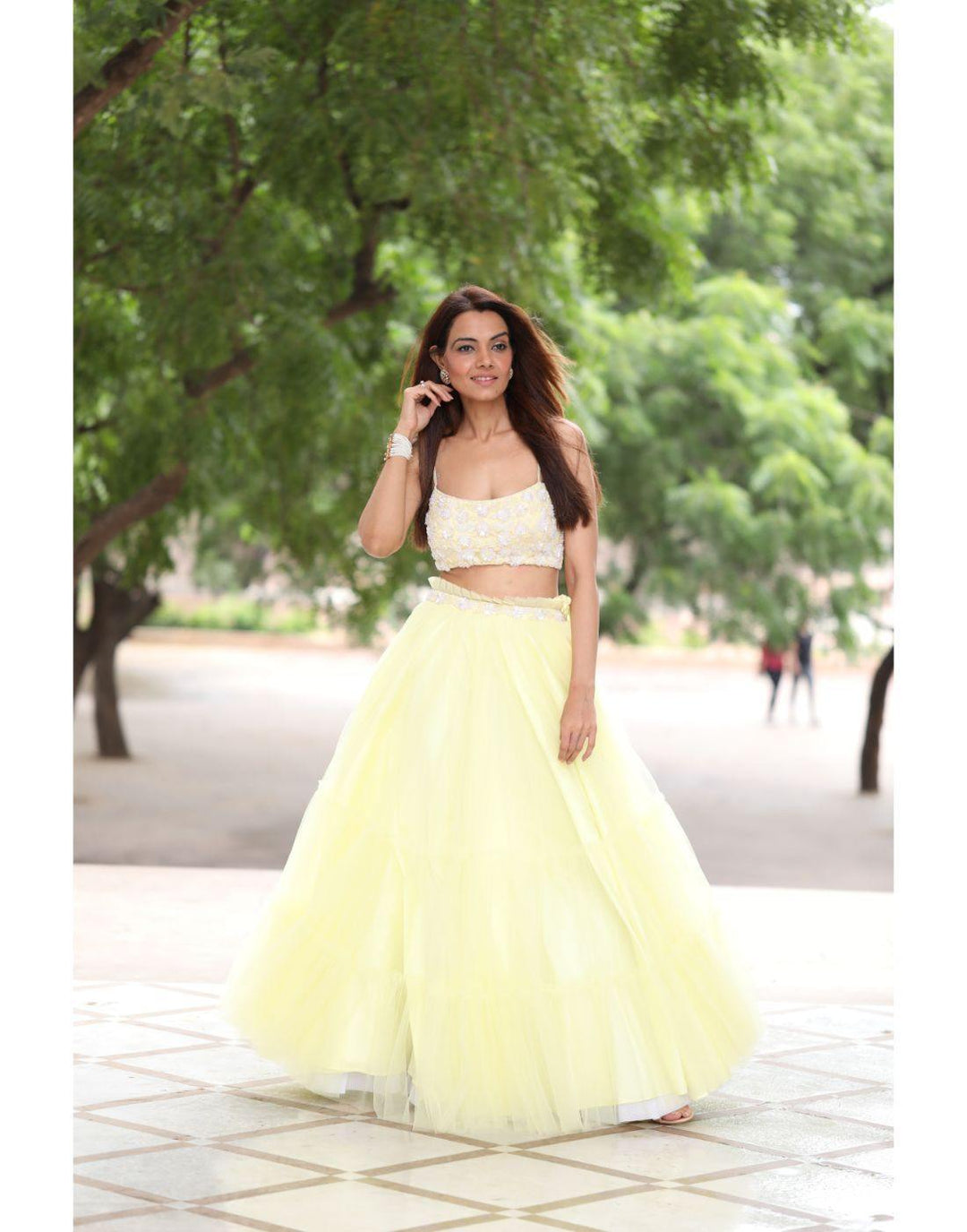 Rent Powder Yellow 2 Layered Tulle Skirt And Embroidered Top and With Jacket-Women-Glamourental