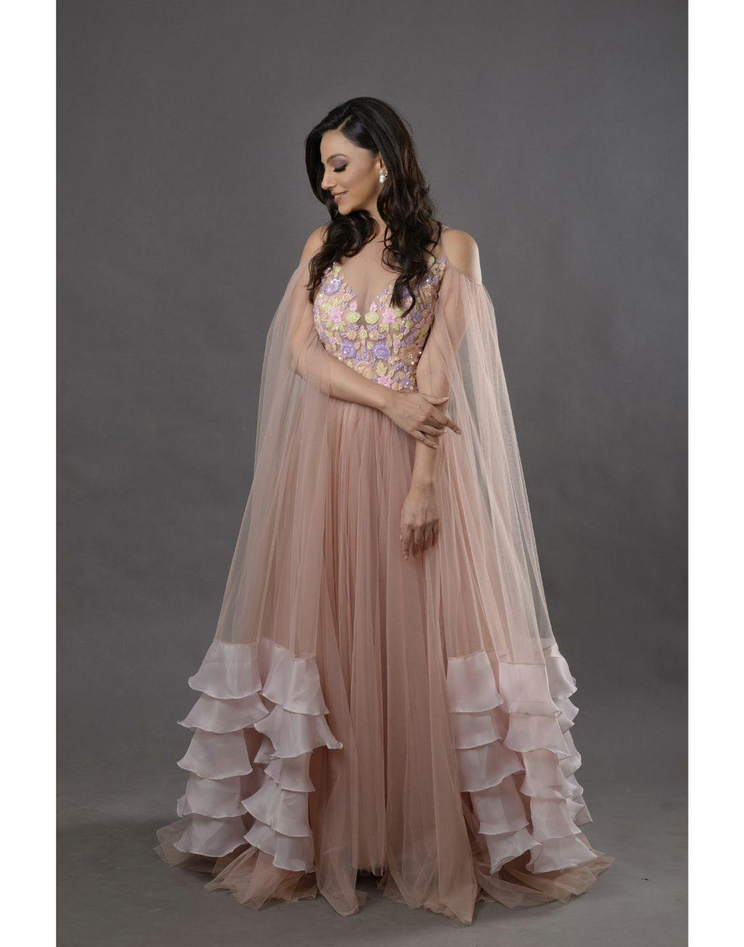 Rent Blush Pink Gown With Long Ruffel Sleeves-Women-Glamourental