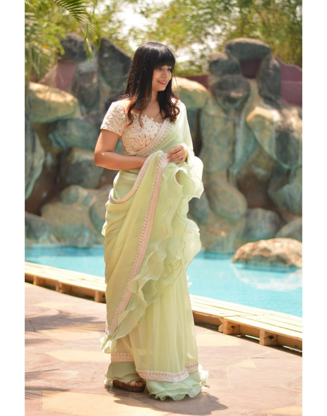 Rent Mint Green Saree With Ivory Sheer Blouse-Women-Glamourental