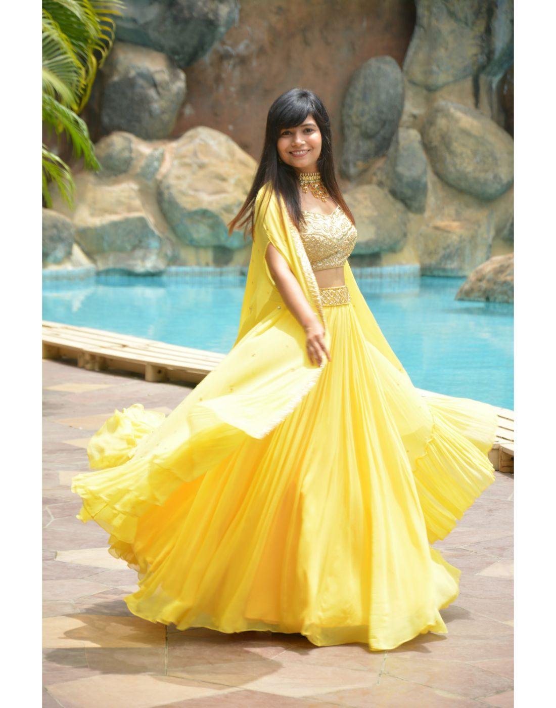 Rent Bright Yellow Set With Cape-Women-Glamourental