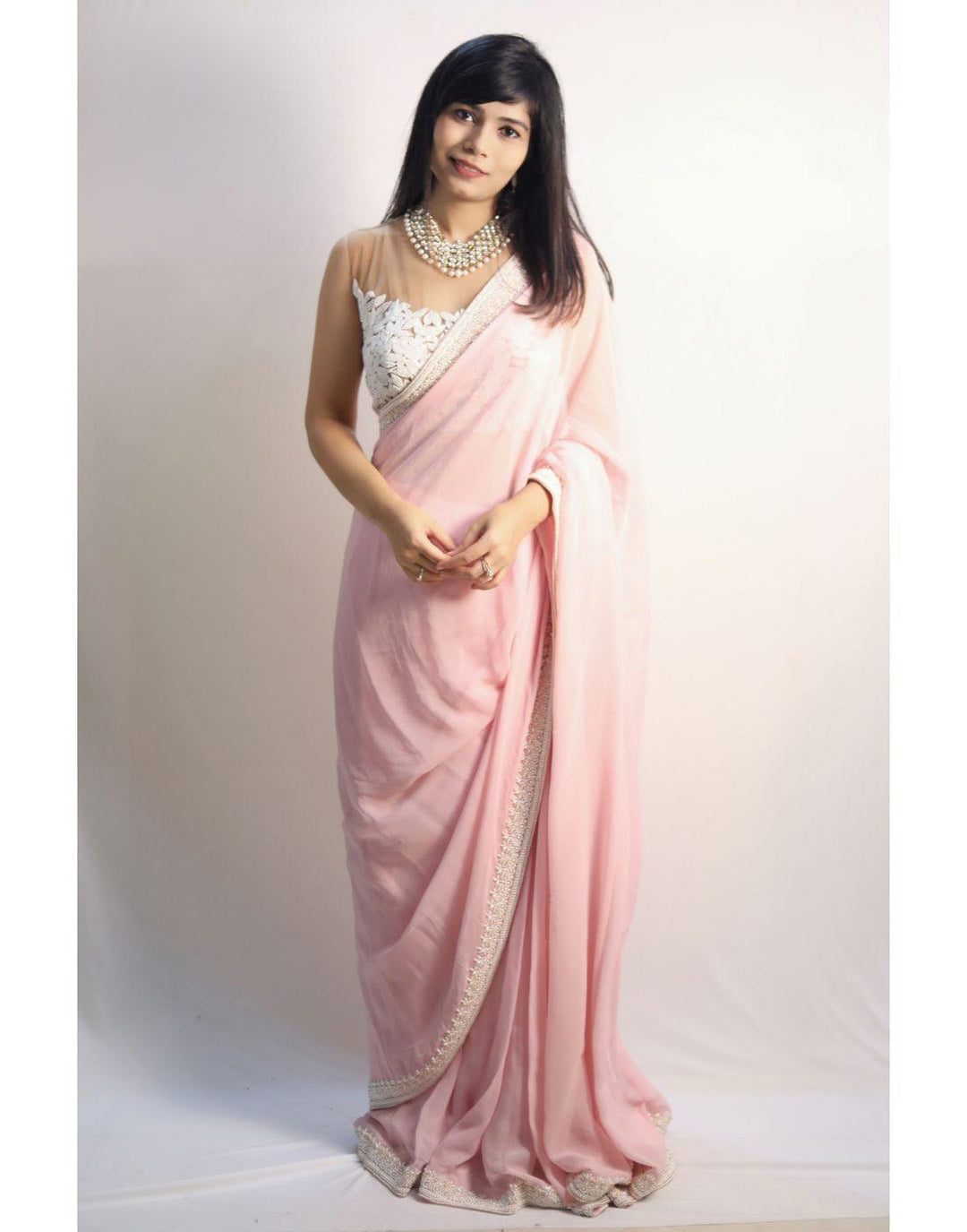 Rent Powder Pink Saree With Sheer Crop Top-Women-Glamourental